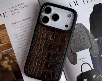 Personalized Brown Crocodile Texture Leather iPhone 17 Pro Max Case, Custom Monogram Initials Embossed Cover for iPhone 17 Pro, 17 Air, 17