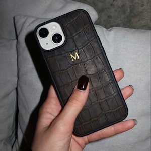 Personalized Brown Leather iPhone Case, Custom Monogram Initials Engraved Cover for iPhone 17 16 15 14 13 Pro Max, Luxury Leather Gift