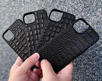 Black Crocodile iPhone Case, Genuine Leather Shockproof Calfskin iPhone Cover, Croc Pattern iPhone Case, Gift for Him, Mens iPhone Cases