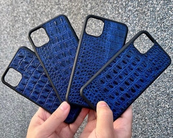Blue Crocodile iPhone Case, Genuine Leather Shockproof iPhone Cover, Blue Case, Croc Pattern Leather iPhone 13, 14, 15, 16 17 Pro Max Case