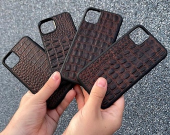 Brown Crocodile iPhone Case, Croc Pattern Calfskin iPhone Cover, Alligator iPhone Case, Genuine Leather Shockproof Protective iPhone Cover