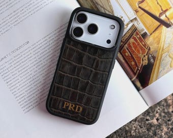 Custom Initials Brown Leather iPhone 17 Pro Max Case, Personalized Embossed Monogram Crocodile Texture Cover for iPhone 17 Pro, 17 Air, 17