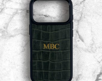 Personalized Green Crocodile Leather iPhone 17 Pro Max Case, Custom Monogram Initials Name Cover for iPhone 17 Pro, 17 Air, Genuine Leather