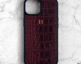 Personalized Burgundy Crocodile Leather iPhone Case, Monogram Initials Embossed Cover for Women, Custom Gift for iPhone 17 16 15 14 Pro Max
