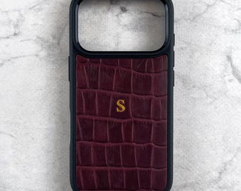 Personalized Burgundy Crocodile Leather iPhone 18 Pro Max Case with Monogram, Initials Calfskin Cover for iPhone 17 Pro, Custom Gift for Her