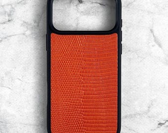 Cosmic Orange Lizard Leather iPhone 17 Pro Max Case, Handcrafted Iguana Texture Phone Cover for iPhone 17 Pro, Luxury Gift for Him & Her