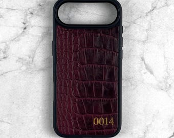 Personalized Burgundy Crocodile Leather iPhone 18 Pro Max Case, Custom Monogram Initials Calfskin Cover iPhone 17 Pro & 17 Air, Gift for Her