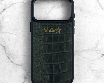 Custom Green Crocodile Leather iPhone 18 Pro Max Case with Name, Personalized Monogram Initials Calfskin Cover for iPhone 17 Pro, Gift idea