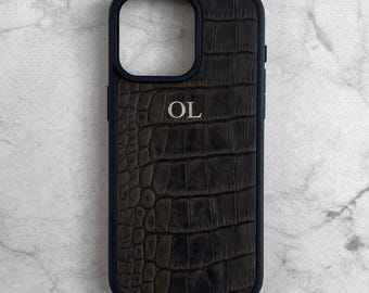 Brown Personalized Crocodile Leather Case for iPhone 17 16 15 14 Pro Max, Custom Engraved Monogram Initials, Embossed Luxury Leather Cover