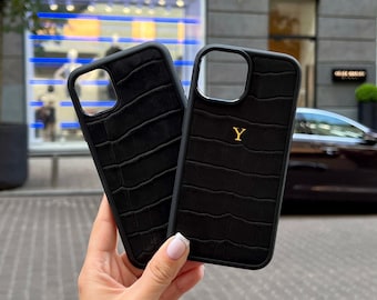 Personalized Black Crocodile Leather iPhone Case, Embossed Initials Monogram Engraved Cover for iPhone 16 15 14 13 Pro Max, Custom Gift