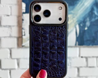 Blue Crocodile iPhone 17 Pro Max Leather Case, Croc Embossed iPhone 17 Case, Navy Blue Genuine Leather iPhone Case, iPhone 17 Pro Cover