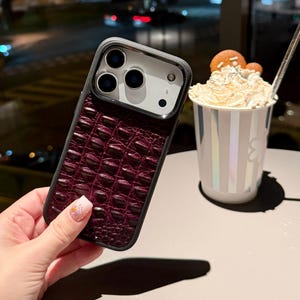 Deep Plum Leather iPhone 17 Pro Case, Croc Embossed iPhone Cover, Crocodile iPhone Case, Genuine Calfskin iPhone Cover, Purple iPhone Case
