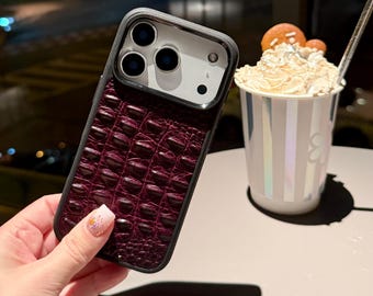 Deep Plum Leather iPhone 17 Pro Case, Croc Embossed iPhone Cover, Crocodile iPhone Case, Genuine Calfskin iPhone Cover, Purple iPhone Case