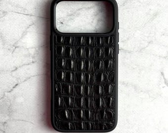Black Crocodile Pattern iPhone 17 Pro Max Case for Men, Leather Phone Cover