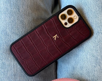 Custom Burgundy Crocodile Leather iPhone Case with Monogram, Personalized Initials Cover for iPhone 18 17 16 15 Pro Max, Unique Gift for Her