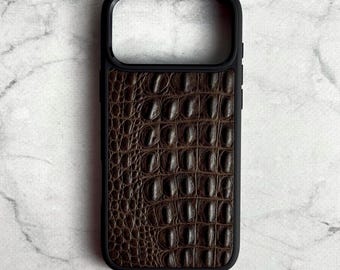 Chocolate Croc Leather iPhone 17 Pro Case, Genuine Calfskin Brown Phone Cover