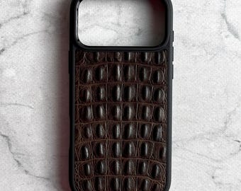 Brown Crocodile Leather iPhone 18 Pro Case, Genuine Leather Shockproof iPhone Cover, Calfskin Croc Pattern iPhone Case for iPhone 17 Pro Max