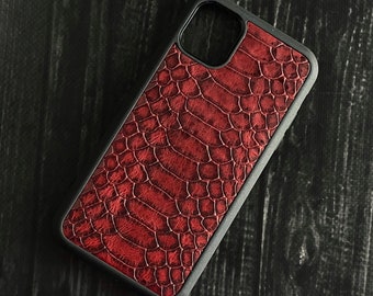 Red Python Leather iPhone Case, Genuine Cow Leather iPhone Case, Dark Red Snakeskin Animal Pattern iPhone Calfskin Case, Red Leather Case