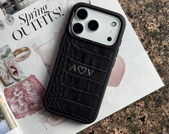 Black Personalized Leather iPhone 18 Pro Max Case, Luxury Crocodile Texture Custom Monogram Initial Calfskin Cover for iPhone 17 Pro, 17 Air