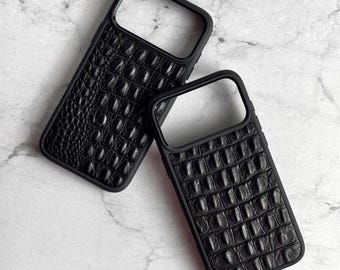 Black Croc iPhone 17 Pro Leather Case for Men, Genuine Leather Shockproof Calfskin iPhone Cover, Crocodile Case, Mens Dark iPhone 17 Case