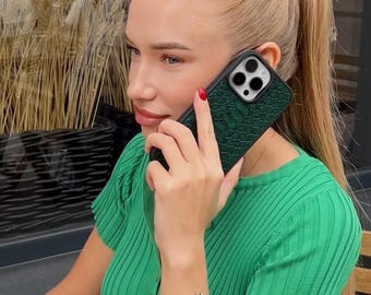 Python Leather iPhone Case, Genuine Calfskin iPhone 18 17 16 15 14 Pro Max Cover, Green & Red Cases, Luxury Christmas Gift for Her or Him