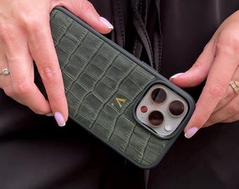 Custom Initials Green Crocodile Leather iPhone Case, Personalized Monogram Calfskin Cover for iPhone 18 17 16 15 14 Pro Max, Christmas Gift
