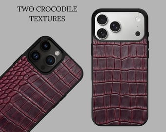 Burgundy Crocodile Leather iPhone Case, Genuine Calfskin Croc Pattern Cover for iPhone 18 17 16 15 Pro Max, Women's Chic Case, Gift for Her