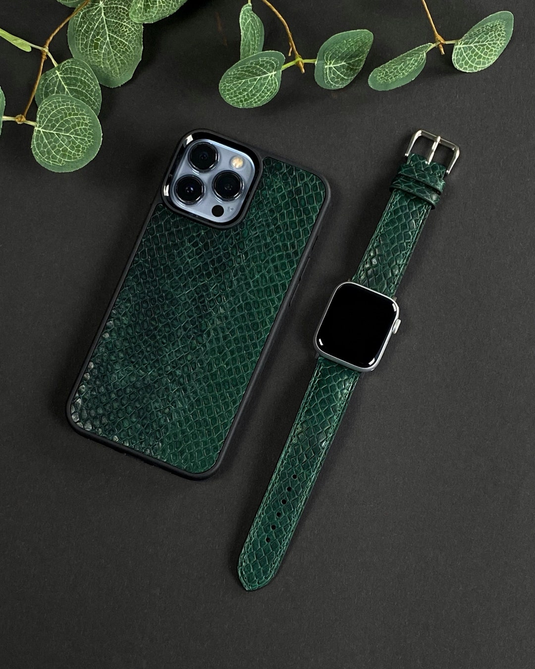 2pcs Emerald Green Python Pattern Leather Set iPhone Case & Leather ...
