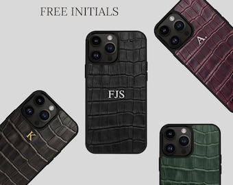 Personalized Crocodile Leather Case for iPhone 17 16 15 14 Pro Max, Custom Monogram Initials Cover, Genuine Leather Luxury Gift for Him Her