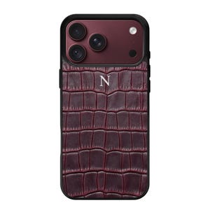 Personalized Burgundy iPhone 18 Pro Max Leather Case, Crocodile Embossed Calfskin Cover, Custom Initials iPhone 18 Pro Case, Gift for Her