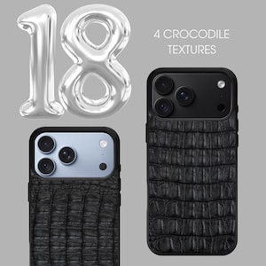May include: Two black smartphone cases featuring a textured crocodile skin pattern. The image includes a large silver metallic number 18 balloon and the text 4 CROCODILE TEXTURES. The cases have a triple camera array and a black frame design.