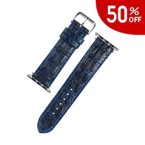 Bracelet pour montre Apple en cuir véritable bleu, bracelet de montre bleu à motif croco, bracelet de montre en alligator estampé, bracelet en cuir bleu, bracelet en crocodile bleu