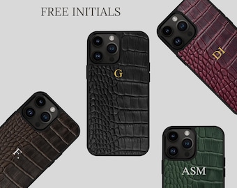 Custom Monogram Crocodile Leather Case for iPhone 18 17 16 15 14 Pro Max, Personalized Luxury Calfskin Initial Phone Cover, Gift for Him Her