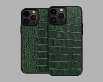 Étui pour iPhone en cuir embossé crocodile vert, coque pour iPhone en cuir de veau à motif alligator, étuis pour iPhone verts, étui pour iPhone de luxe en cuir vert