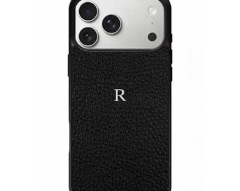 Genuine Caviar Pebble Grain Leather iPhone 17 Pro Max Case – Personalized Initials Phone Cover