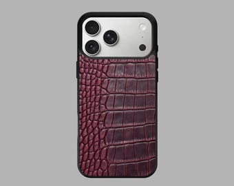 Burgundy Crocodile Leather iPhone 17 Pro Max Case, Luxury Red Croc Embossed Calfskin iPhone 17 Cover, Shockproof Aesthetic Case for Women