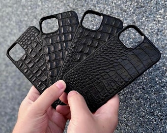 Luxury Black Croc Leather iPhone Case, Black Alligator iPhone Case, Croco iPhone 15,14,13,12,11,X,Pro Max,Pro,Plus Case, Black iPhone Case