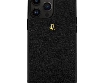 Personalized Zodiac iPhone Case – Black Pebble Leather Phone Cover, Custom Astrology Gift