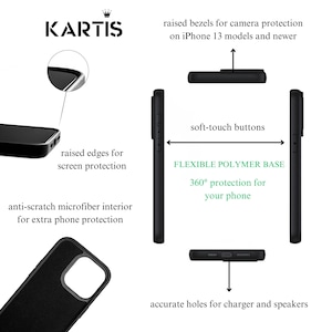 Op de afbeelding: Een zwarte KARTIS telefoonhoes met een flexibele polymeerbasis, soft-touch knoppen en een krasbestendige microvezel binnenkant. Het ontwerp bevat verhoogde randen voor schermbescherming, verhoogde randen voor de camera en nauwkeurige uitsparingen.