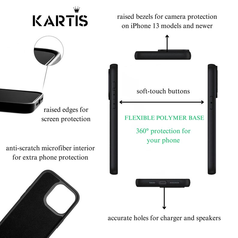 Op de afbeelding: Een zwarte KARTIS telefoonhoes met een flexibele polymeerbasis, soft-touch knoppen en een krasbestendige microvezel binnenkant. Het ontwerp bevat verhoogde randen voor schermbescherming, verhoogde randen voor de camera en nauwkeurige uitsparingen.