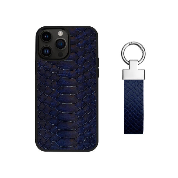 2pcs Set Python Leather iPhone Case & Leather Keychain, Snake Pattern Calfskin iPhone Case, Snakeskin Phone Case, Leather Key Fob Gift Kit