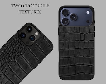 Black Croc Embossed Leather iPhone Case, Alligator Pattern Calfskin Shockproof iPhone Cover, Mens iPhone Case, Black Leather iPhone Case