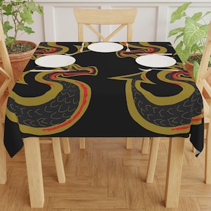 Dragon Tablecloth, Black and Gold Serpent Table Cover, Custom Table Decor, Polyester Cloth, 55x55 inch