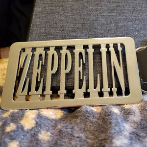 Boucle de ceinture style rectangle avec logo Zeppelin et argent chromé, accessoires officiels du groupe de rock Led Zeppelin