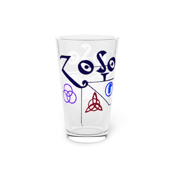 Led Zeppelin 16 oz Beer Pint Glass, Pagan Symbols Clear Drinkware, Astrological Classic Rock Band Sigils Ice Tea Glass, drink glass, tumbler