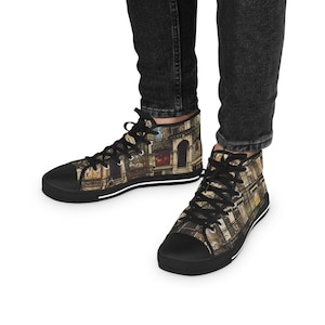 Physical Graffiti Style Men&#39;s High Top Sneakers, New York Shoes for Rock Band Fans, Unisex Shoe, Unique Design, Breathable Polyester Canvas