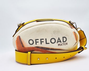 Unique Rugby Shoulder Bag | Synthetic and Leather Blend | White & Yellow | Removable Yellow Strap | Limited Edition | BallToBag Rugby