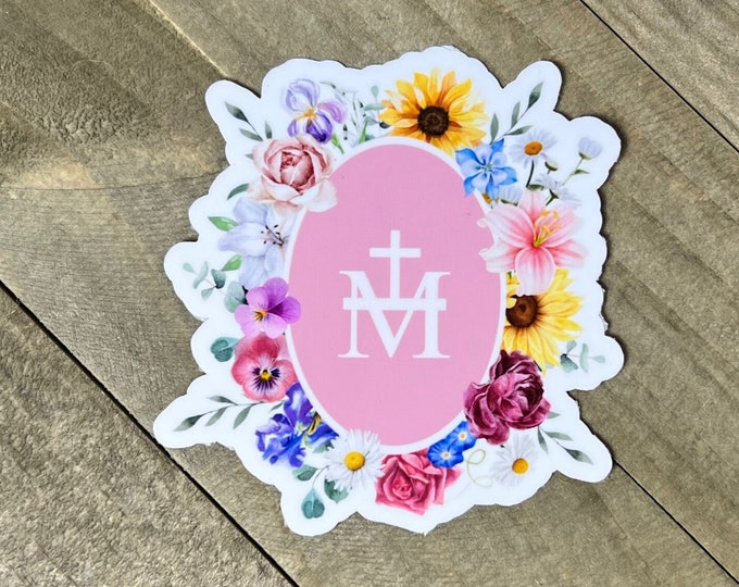 Marian Floral Sticker I Mary's Cross Sticker I Marian Virtue Flowers Sticker I Catholic Sticker I Mother Mary Sticker I Catholic Stickers
