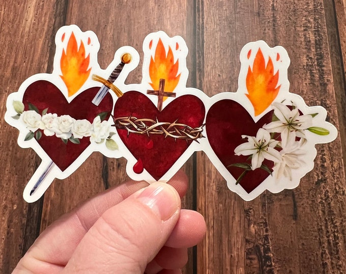 Three Hearts Sticker I Catholic Sticker I Three Holy Heart Sticker I Catholic Stickers I Sacred Heart Immaculate Heart Most Chaste Heart
