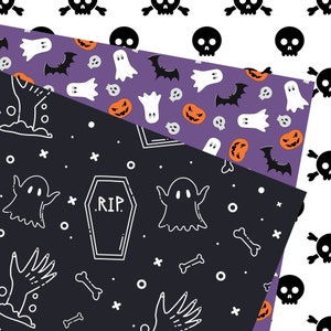 K&ouml;nnte beinhalten: Drei digitale Papiermuster zum Thema Halloween. Das erste Muster ist lila mit wei&szlig;en Geistern, orangefarbenen K&uuml;rbissen, Flederm&auml;usen und Sch&auml;deln. Das zweite Muster ist schwarz mit wei&szlig;en Geistern, Knochen, einem Grabstein mit dem Text "RIP" und einer Hand, die aus dem Boden ragt. Das dritte Muster ist wei&szlig; mit schwarzen Sch&auml;deln.